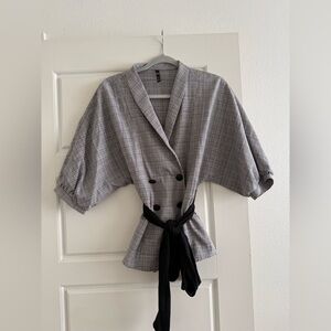 Zara Gray Plaid Double-Breasted Short Sleeve Blazer with Black Tie Size Medium
